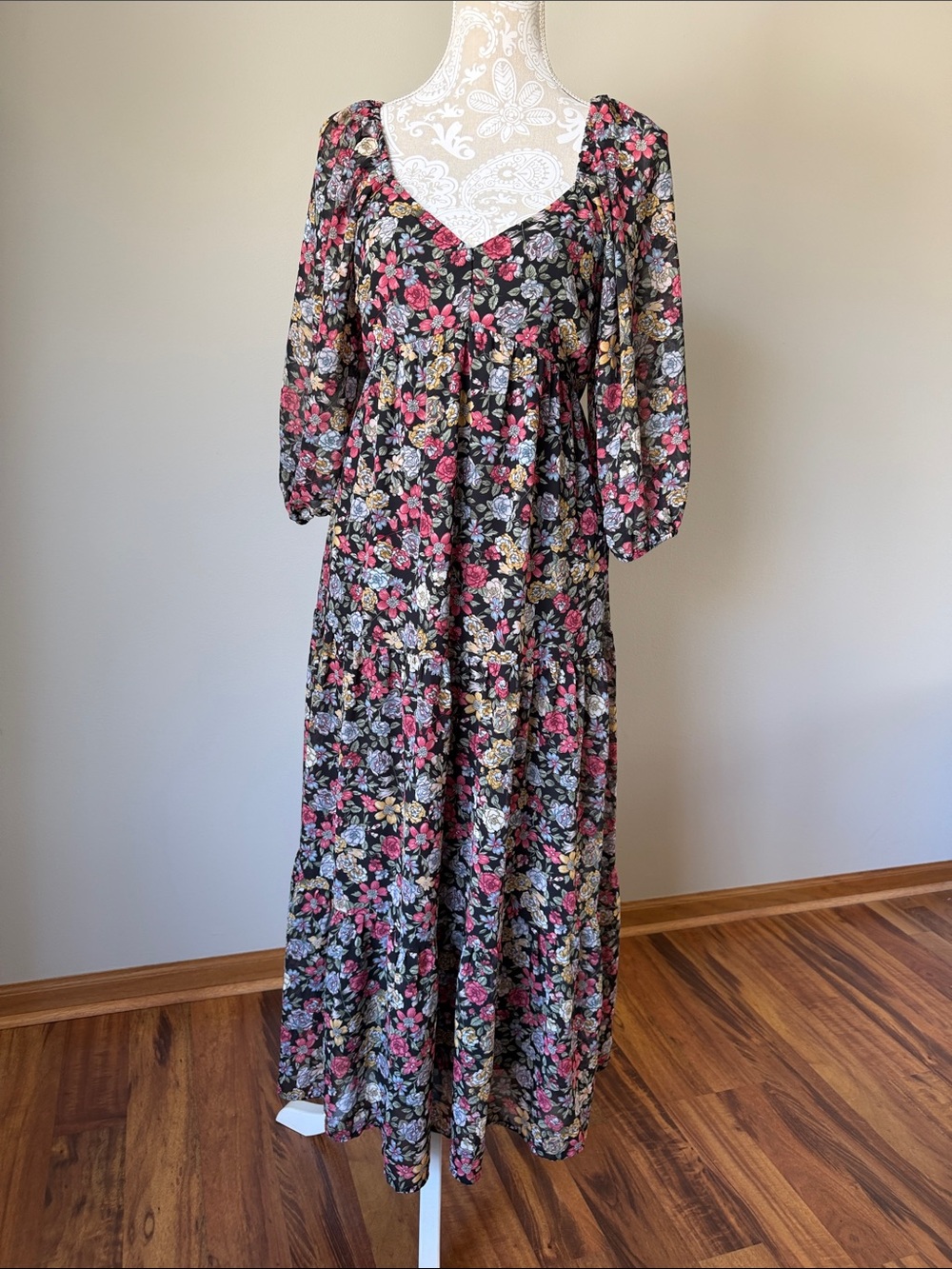 Floral V-Neck Maxi Dress in Black muted colors blooms sz M